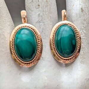 LARGE Russian Style Solid 14K Rose Pink Gold Malachite Pierced Dangle Earrings